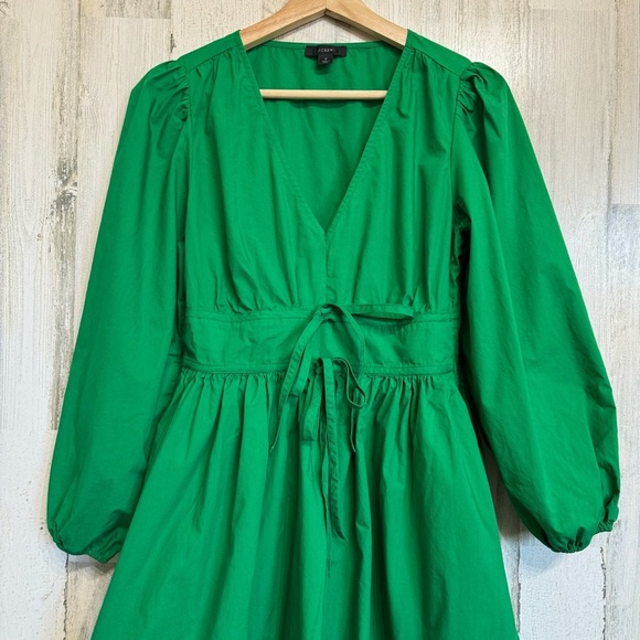 J. Crew Green V-neck Cotton Poplin Mini Dress Size 2 Puff Sleeve - Picture 5 of 13